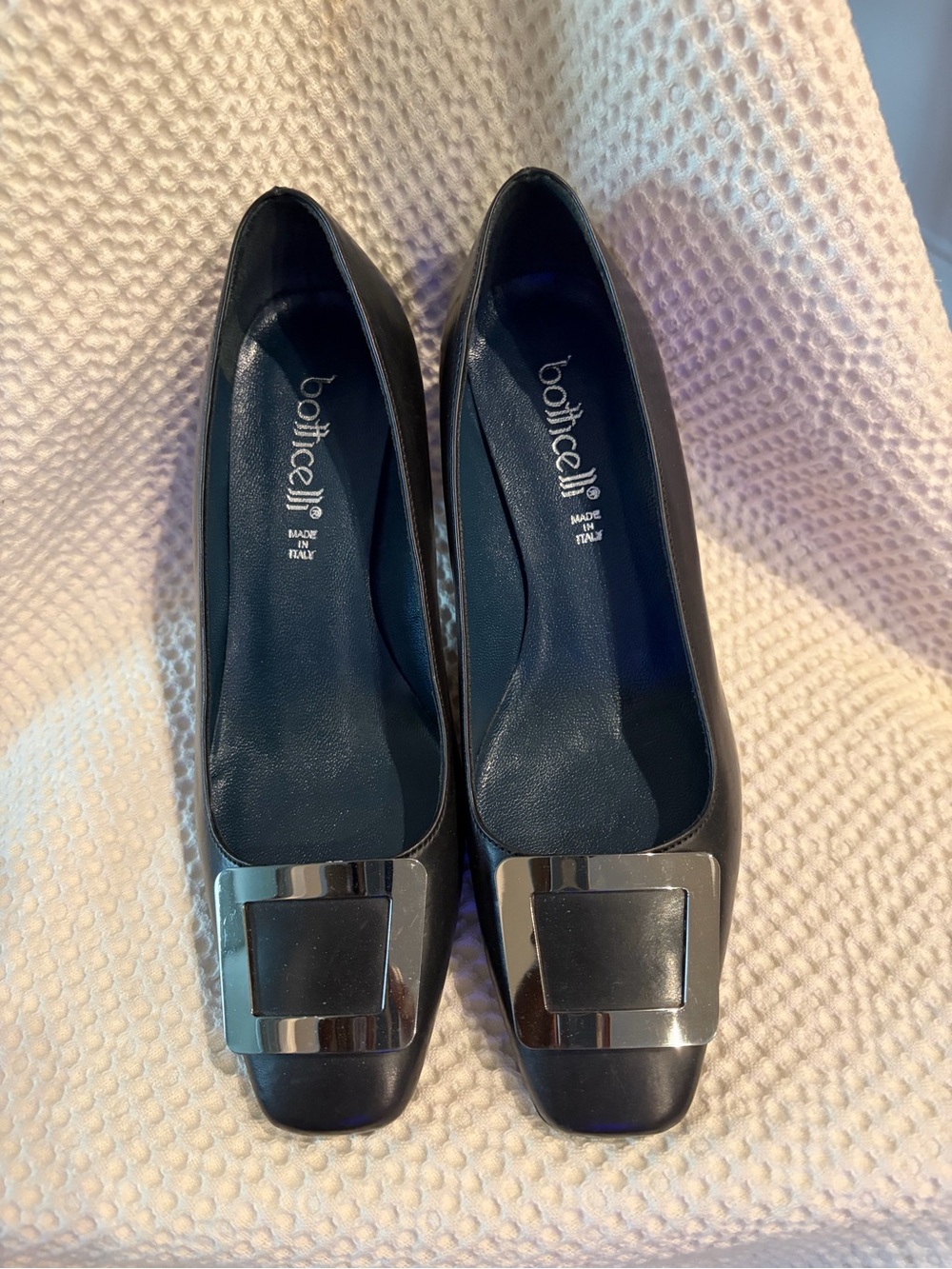 Botticelli Navy Leather Square-Toe Pumps with Silver Buckle